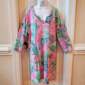 Lilly Pulitzer Joyce Dress - Scarlet Macaw Tropical Palm Print Sz. XL